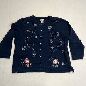 Breckenridge Navy‎ Snap Up Sweatshirt Snowflakes Snowmen Embroidered Pockets 2X
